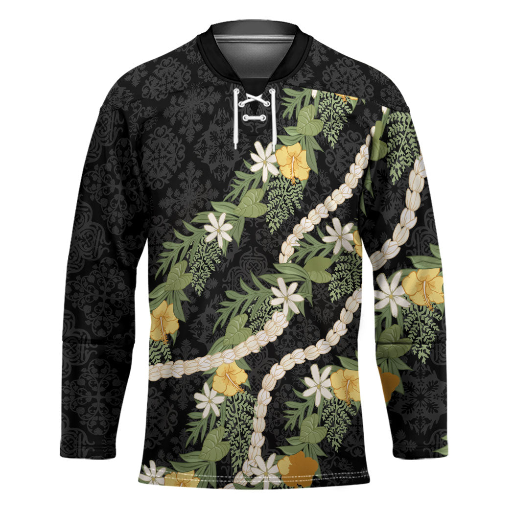 Puakenikeni Anthurium Pikake Lei Hockey Jersey Hawaiian Quilt Pattern LT9 Unisex Black - Polynesian Pride