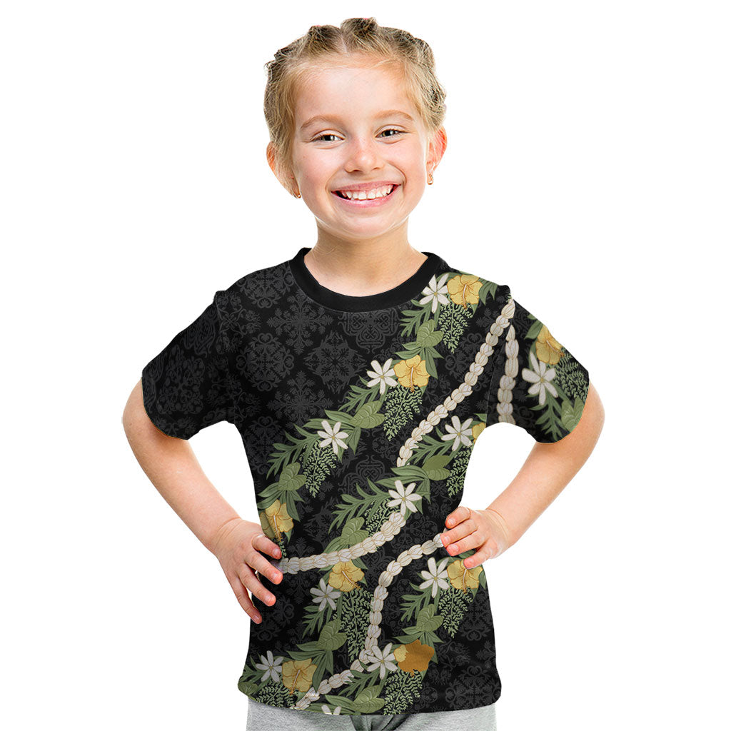 Puakenikeni Anthurium Pikake Lei Kid T Shirt Hawaiian Quilt Pattern LT9 Black - Polynesian Pride