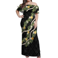Puakenikeni Anthurium Pikake Lei Off Shoulder Maxi Dress Hawaiian Quilt Pattern LT9 Women Black - Polynesian Pride