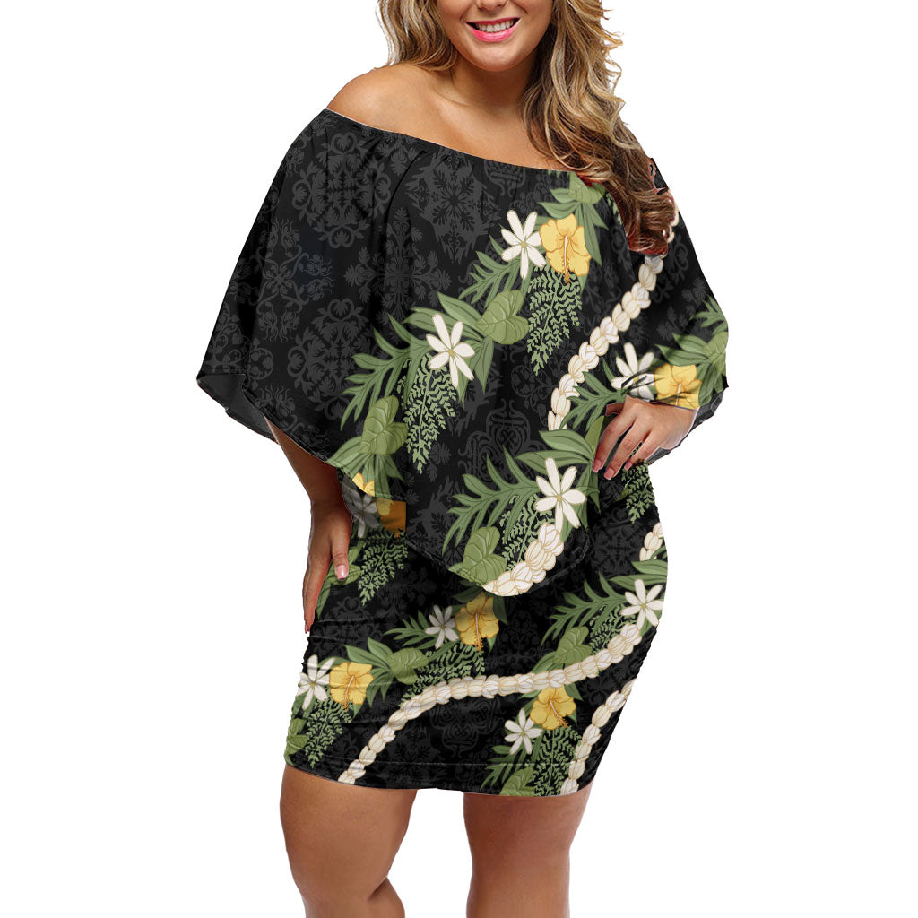 Puakenikeni Anthurium Pikake Lei Off Shoulder Short Dress Hawaiian Quilt Pattern LT9 Women Black - Polynesian Pride
