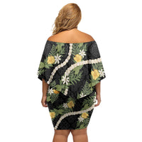 Puakenikeni Anthurium Pikake Lei Off Shoulder Short Dress Hawaiian Quilt Pattern LT9 - Polynesian Pride