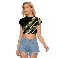 Puakenikeni Anthurium Pikake Lei Raglan Cropped T Shirt Hawaiian Quilt Pattern LT9 Female Black - Polynesian Pride