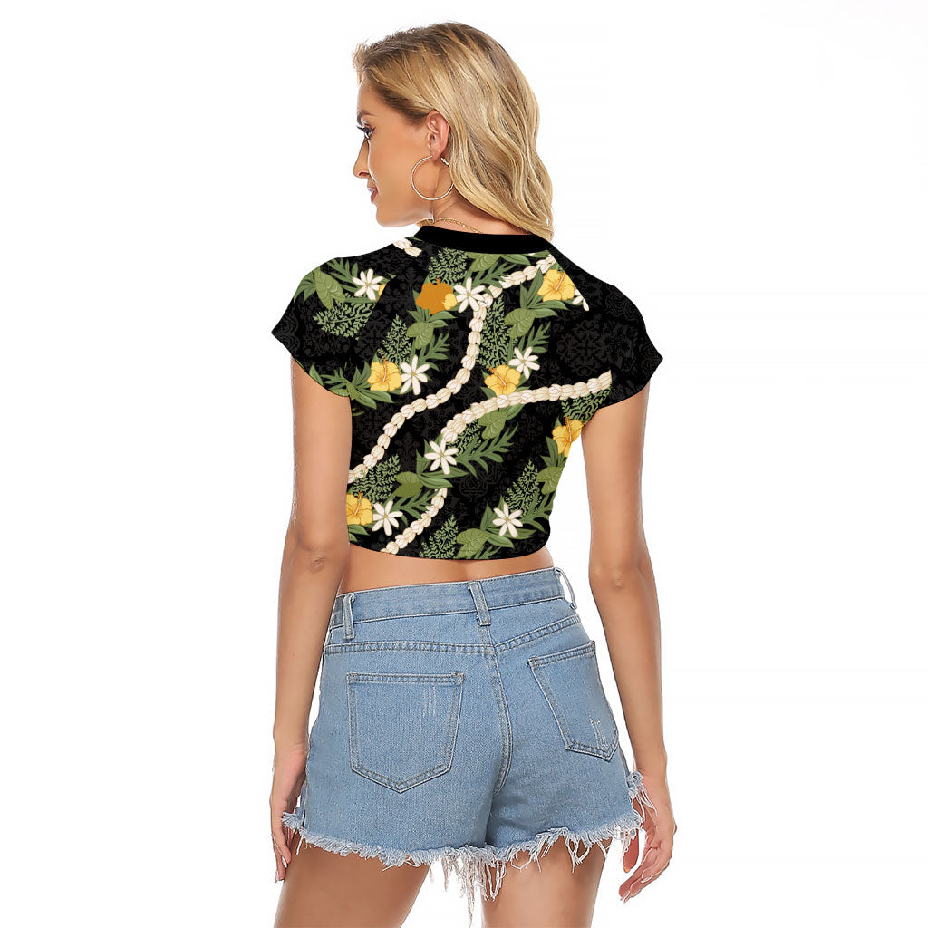 Puakenikeni Anthurium Pikake Lei Raglan Cropped T Shirt Hawaiian Quilt Pattern LT9 - Polynesian Pride