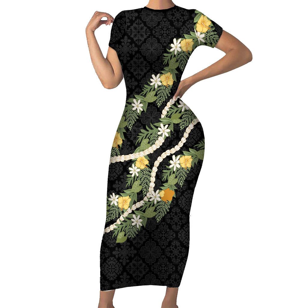 Puakenikeni Anthurium Pikake Lei Short Sleeve Bodycon Dress Hawaiian Quilt Pattern