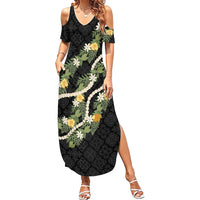 Puakenikeni Anthurium Pikake Lei Summer Maxi Dress Hawaiian Quilt Pattern LT9 Women Black - Polynesian Pride