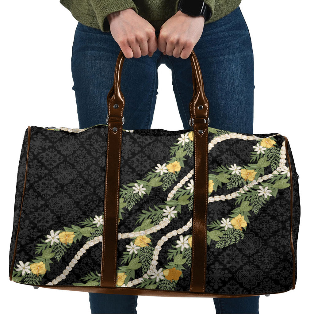 Puakenikeni Anthurium Pikake Lei Travel Bag Hawaiian Quilt Pattern LT9 Black - Polynesian Pride