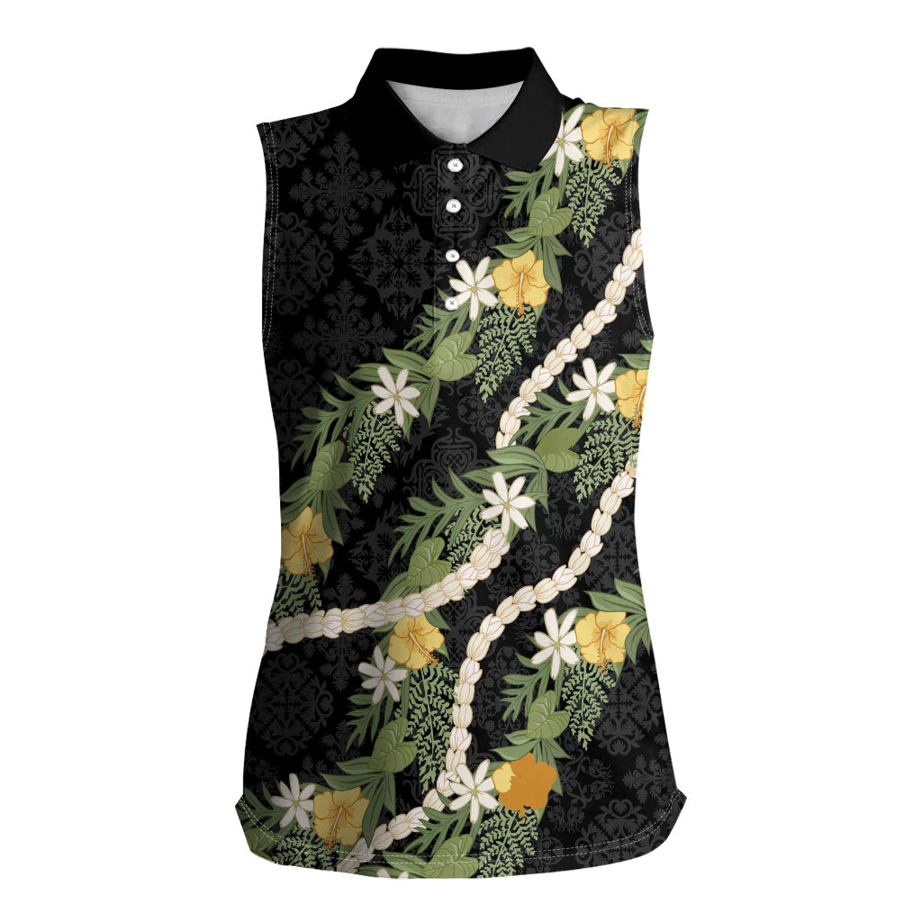 Puakenikeni Anthurium Pikake Lei Women Sleeveless Polo Shirt Hawaiian Quilt Pattern LT9 Female Black - Polynesian Pride