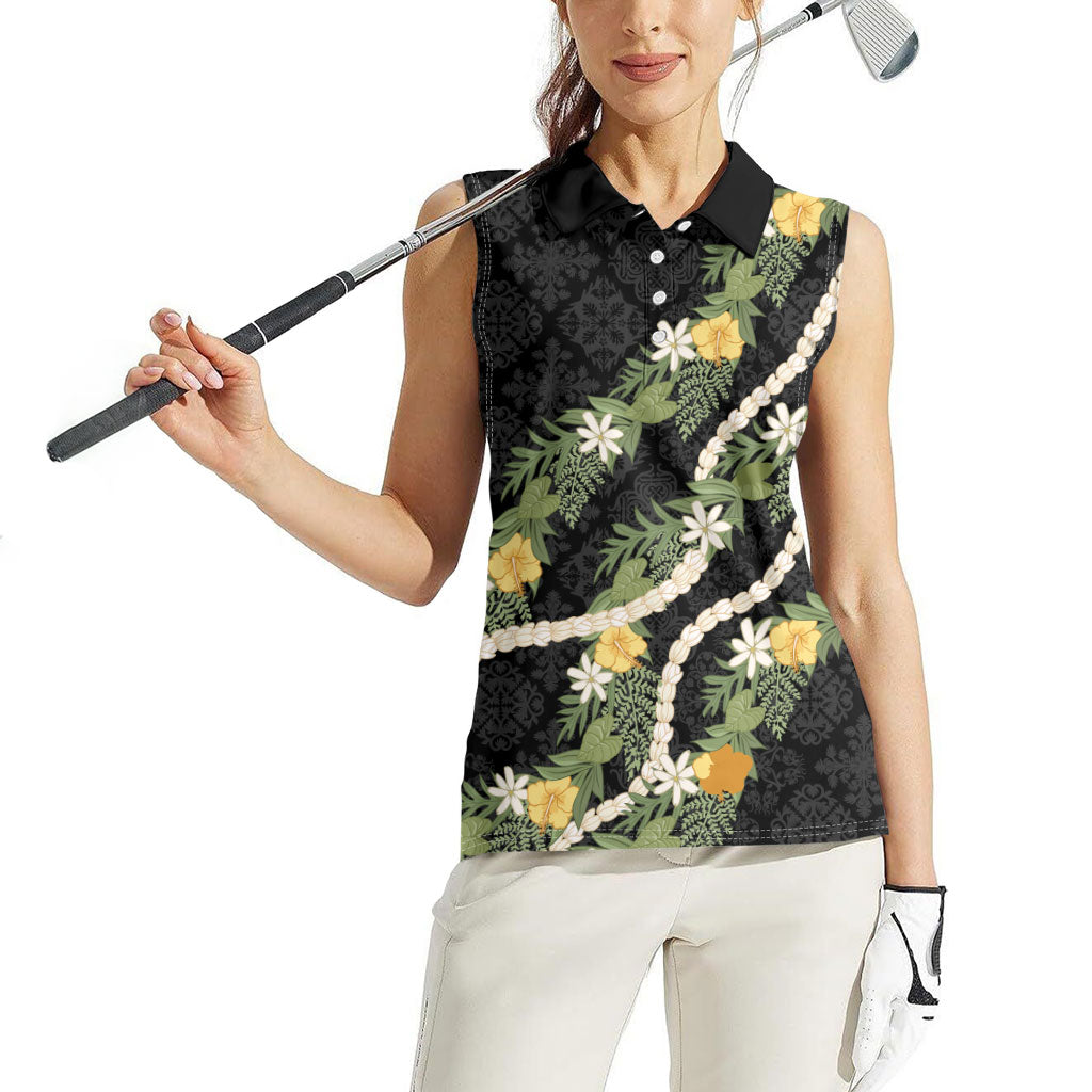 Puakenikeni Anthurium Pikake Lei Women Sleeveless Polo Shirt Hawaiian Quilt Pattern LT9 - Polynesian Pride