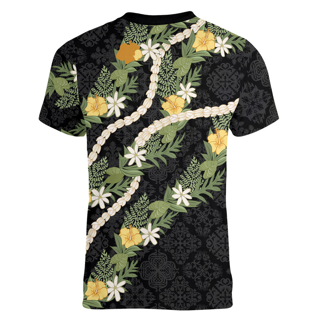 Puakenikeni Anthurium Pikake Lei Women V-Neck T-Shirt Hawaiian Quilt Pattern