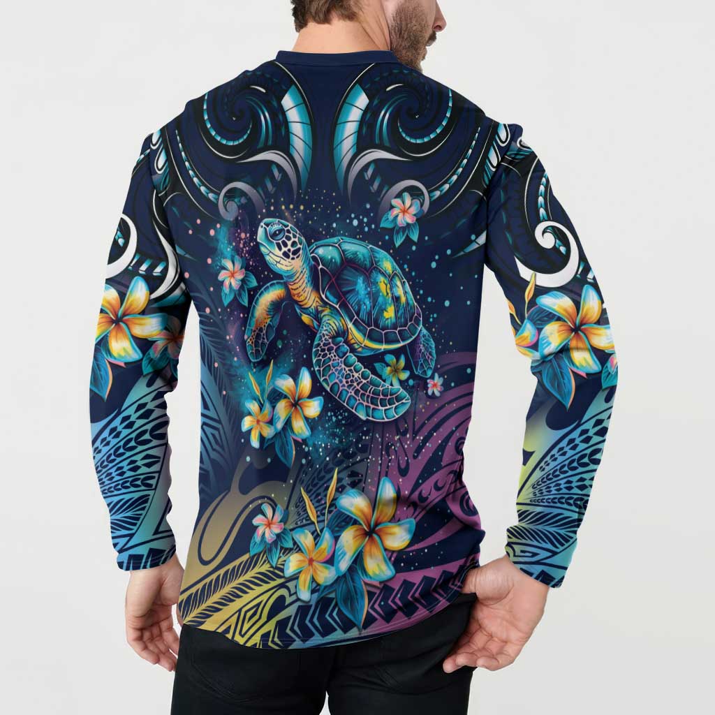 Plumeria Turtles Traditional Tribal Button Sweatshirt