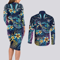 Plumeria Turtles Traditional Tribal Couples Matching Long Sleeve Bodycon Dress and Long Sleeve Button Shirt