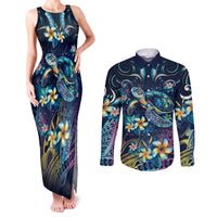 Plumeria Turtles Traditional Tribal Couples Matching Tank Maxi Dress and Long Sleeve Button Shirt