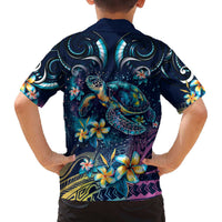 Plumeria Turtles Traditional Tribal Family Matching Off Shoulder Short Dress and Hawaiian Shirt