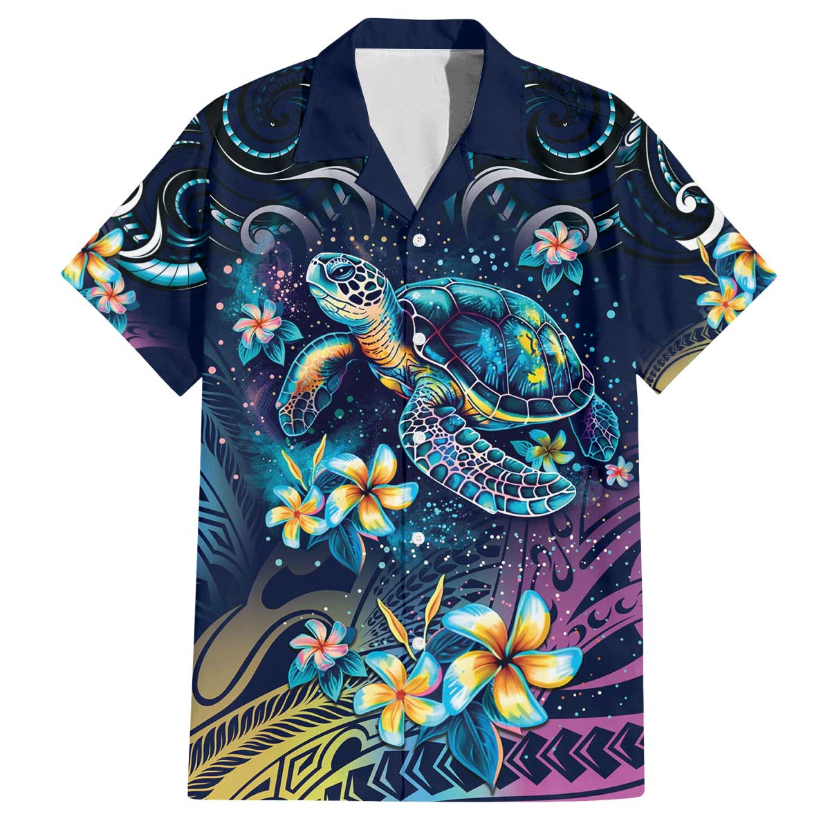 Plumeria Turtles Traditional Tribal Family Matching Off Shoulder Short Dress and Hawaiian Shirt