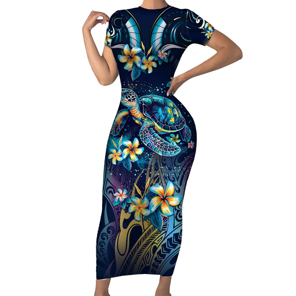 Plumeria Turtles Traditional Tribal Family Matching Short Sleeve Bodycon Dress and Hawaiian Shirt