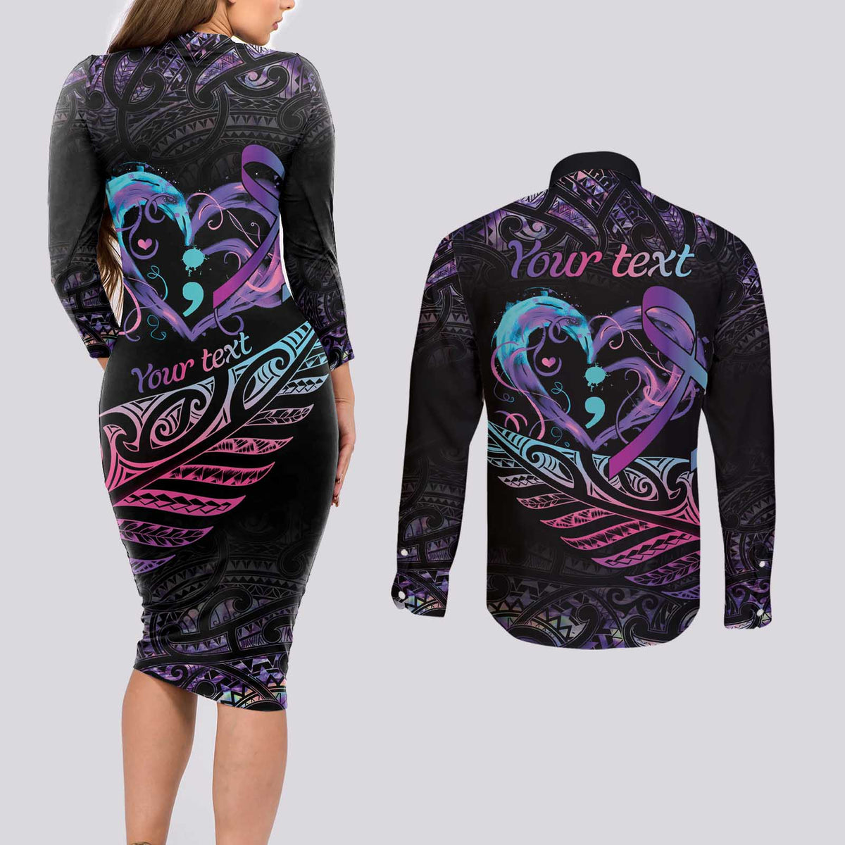 Personalised Your Life Matters Couples Matching Long Sleeve Bodycon Dress and Long Sleeve Button Shirt Suicide Prevention Awareness Semicolon Heart