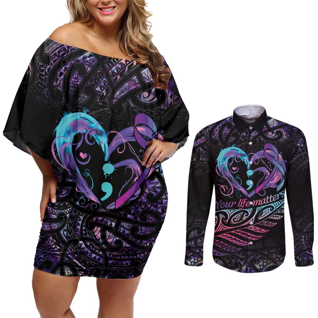 Personalised Your Life Matters Couples Matching Off Shoulder Short Dress and Long Sleeve Button Shirt Suicide Prevention Awareness Semicolon Heart