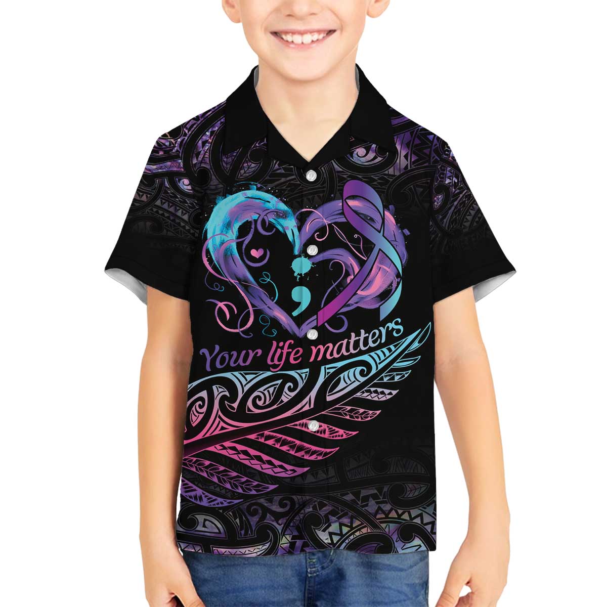 Personalised Your Life Matters Family Matching Off The Shoulder Long Sleeve Dress and Hawaiian Shirt Suicide Prevention Awareness Semicolon Heart