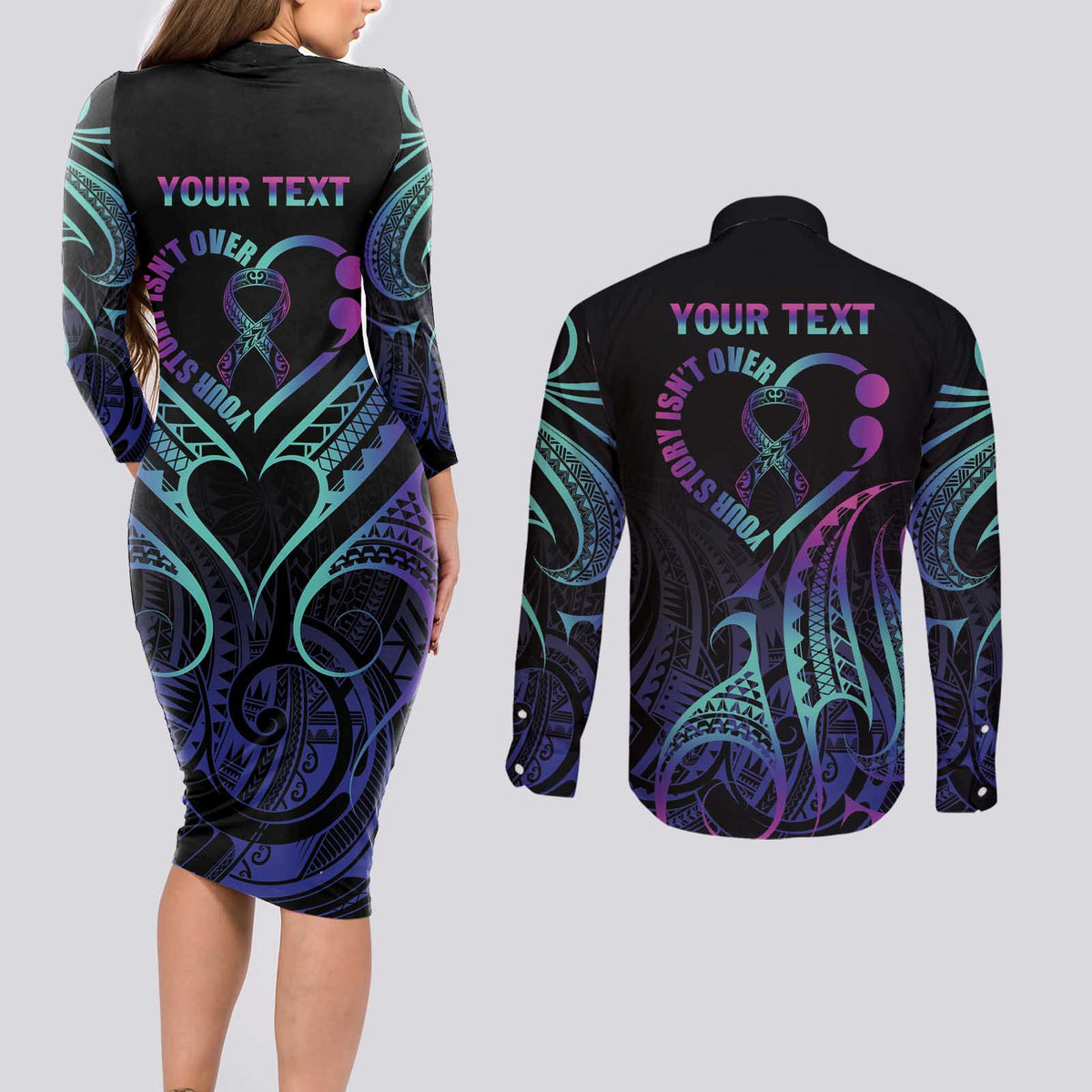 Personalised Your Story Isn't Over Couples Matching Long Sleeve Bodycon Dress and Long Sleeve Button Shirt Suicide Prevention Awareness Semicolon Heart