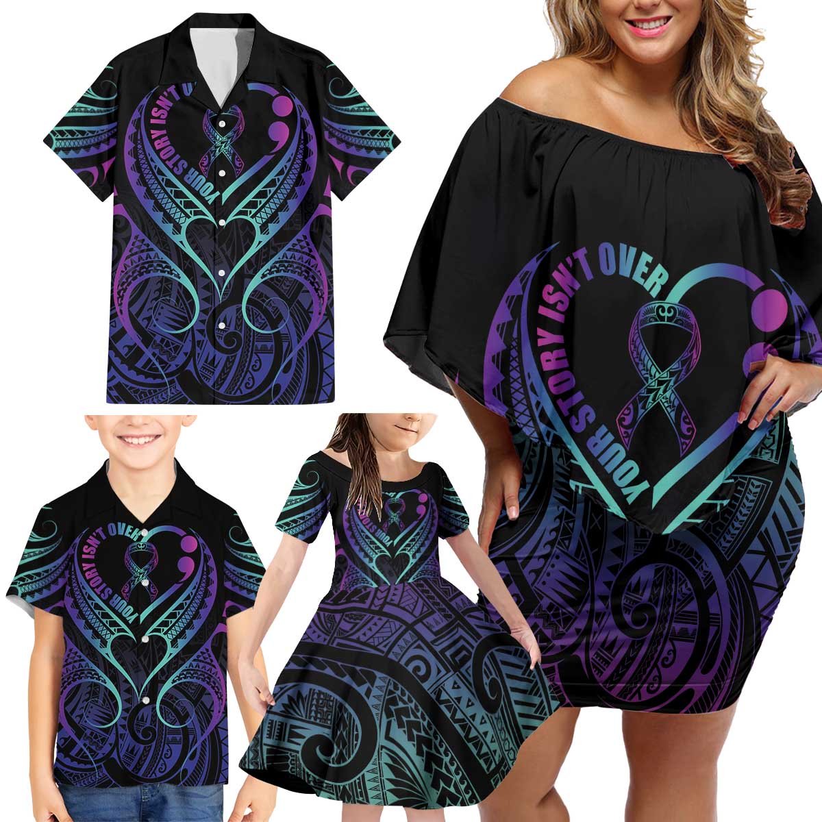 Personalised Your Story Isn't Over Family Matching Off Shoulder Short Dress and Hawaiian Shirt Suicide Prevention Awareness Semicolon Heart