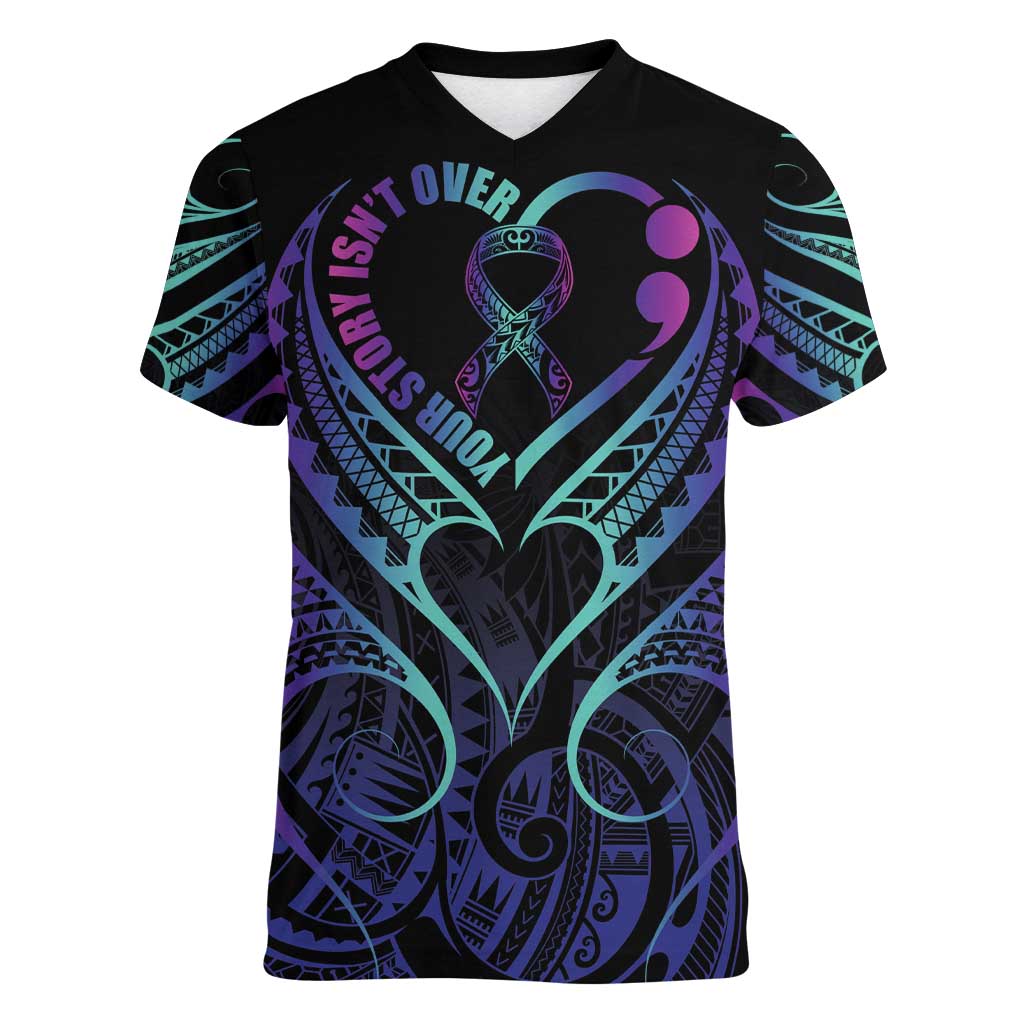 Personalised Your Story Isn't Over Women V-Neck T-Shirt Suicide Prevention Awareness Semicolon Heart