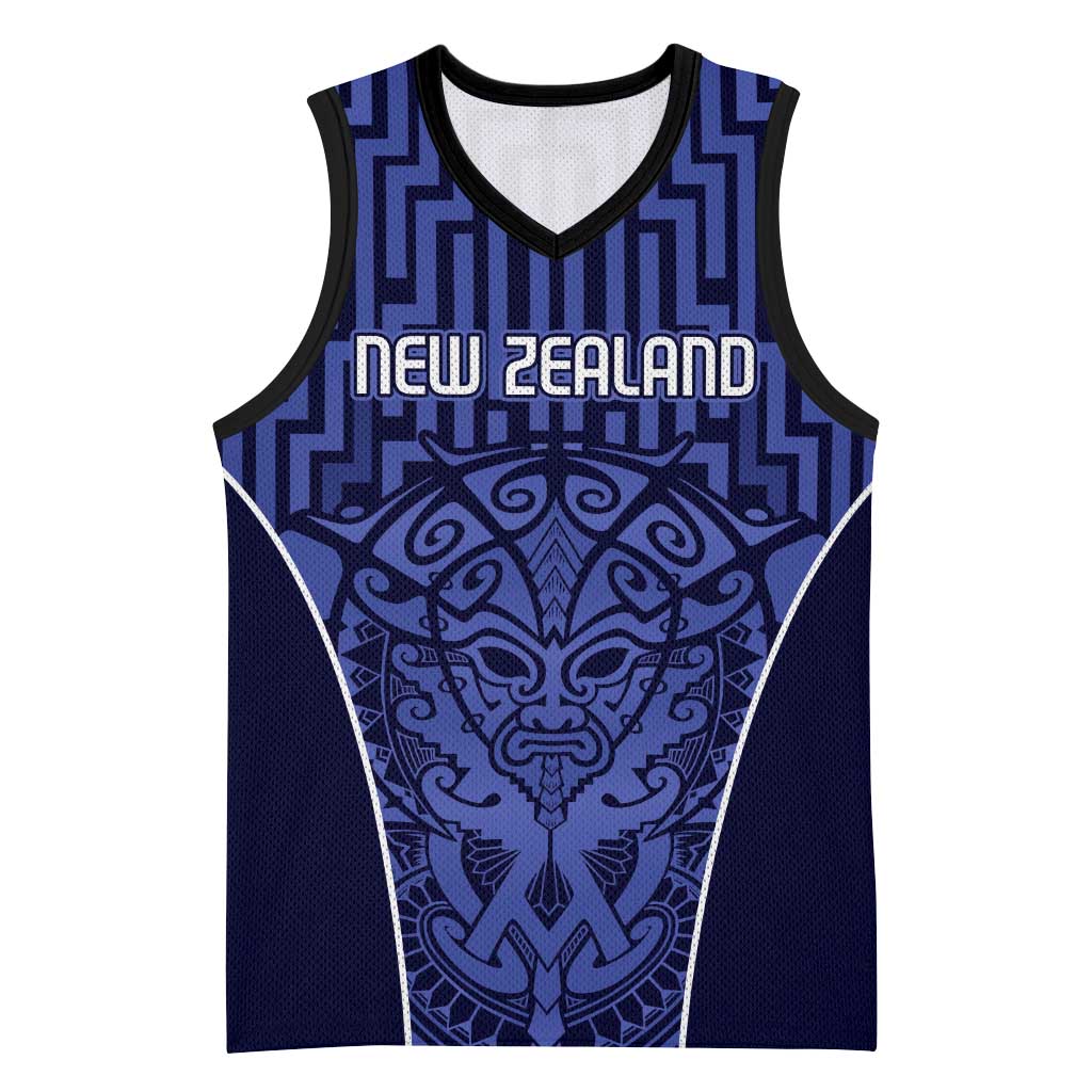 Custom Basketball New Zealand Basketball Jersey Blue Maori Ta Moko Indigenous - Polynesian Pride
