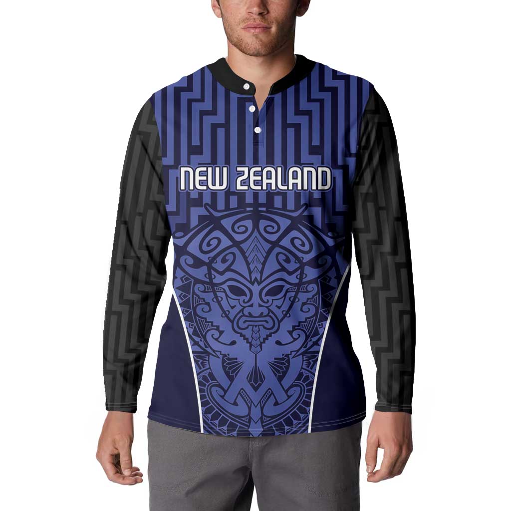 Custom Basketball New Zealand Button Sweatshirt Blue Maori Ta Moko Indigenous - Polynesian Pride