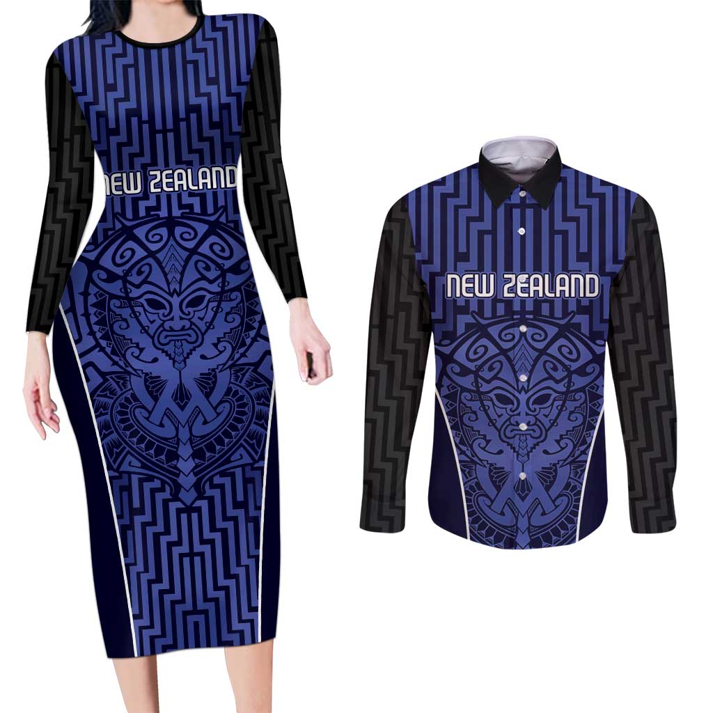 Custom Basketball New Zealand Couples Matching Long Sleeve Bodycon Dress and Long Sleeve Button Shirt Blue Maori Ta Moko Indigenous - Polynesian Pride