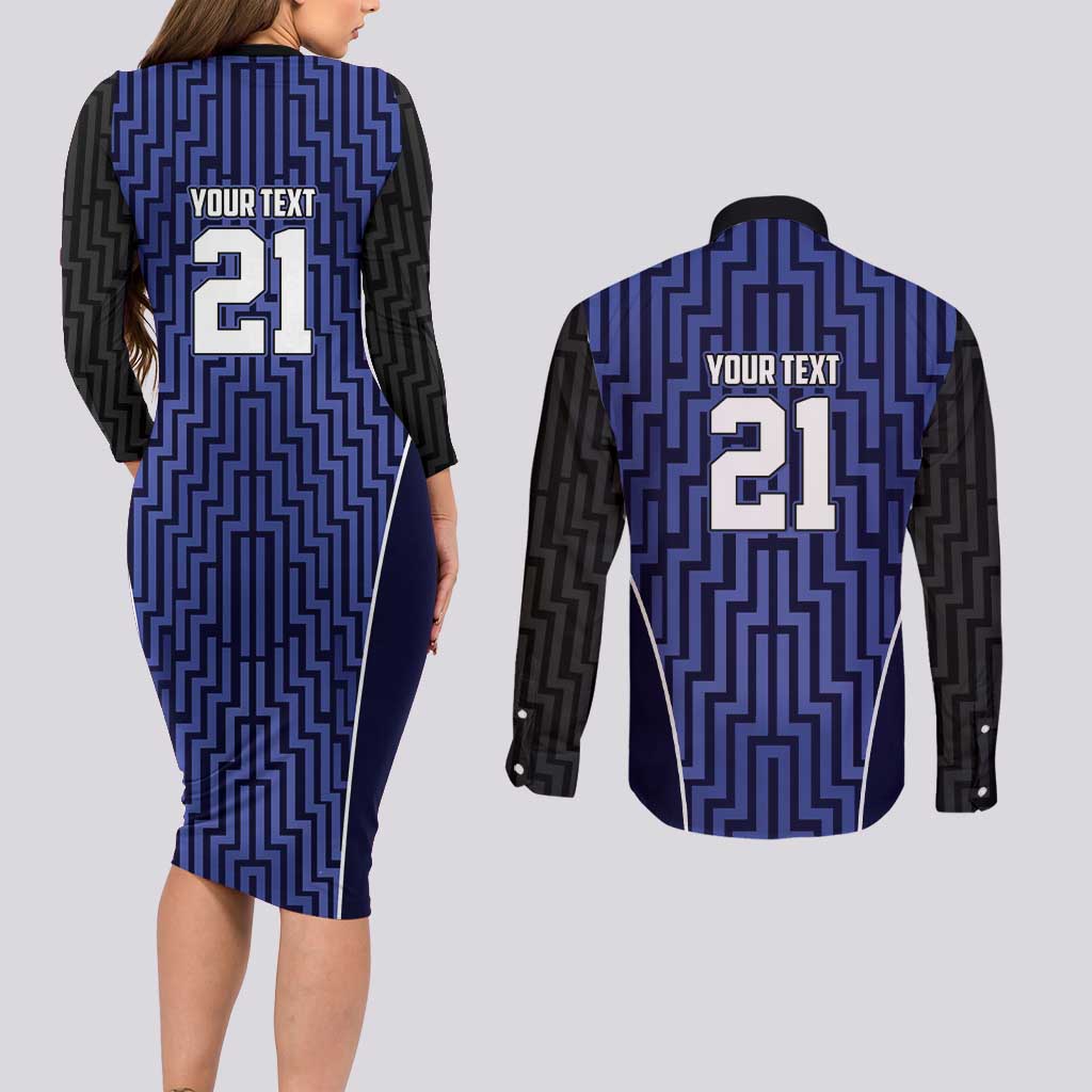 Custom Basketball New Zealand Couples Matching Long Sleeve Bodycon Dress and Long Sleeve Button Shirt Blue Maori Ta Moko Indigenous - Polynesian Pride