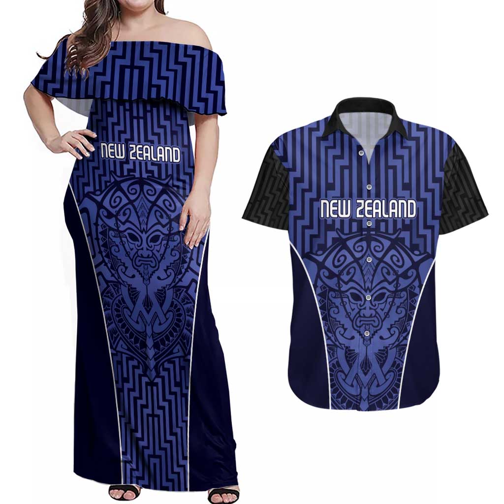 Custom Basketball New Zealand Couples Matching Off Shoulder Maxi Dress and Hawaiian Shirt Blue Maori Ta Moko Indigenous - Polynesian Pride