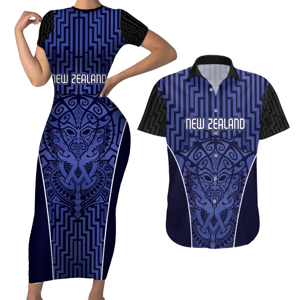 Custom Basketball New Zealand Couples Matching Short Sleeve Bodycon Dress and Hawaiian Shirt Blue Maori Ta Moko Indigenous - Polynesian Pride