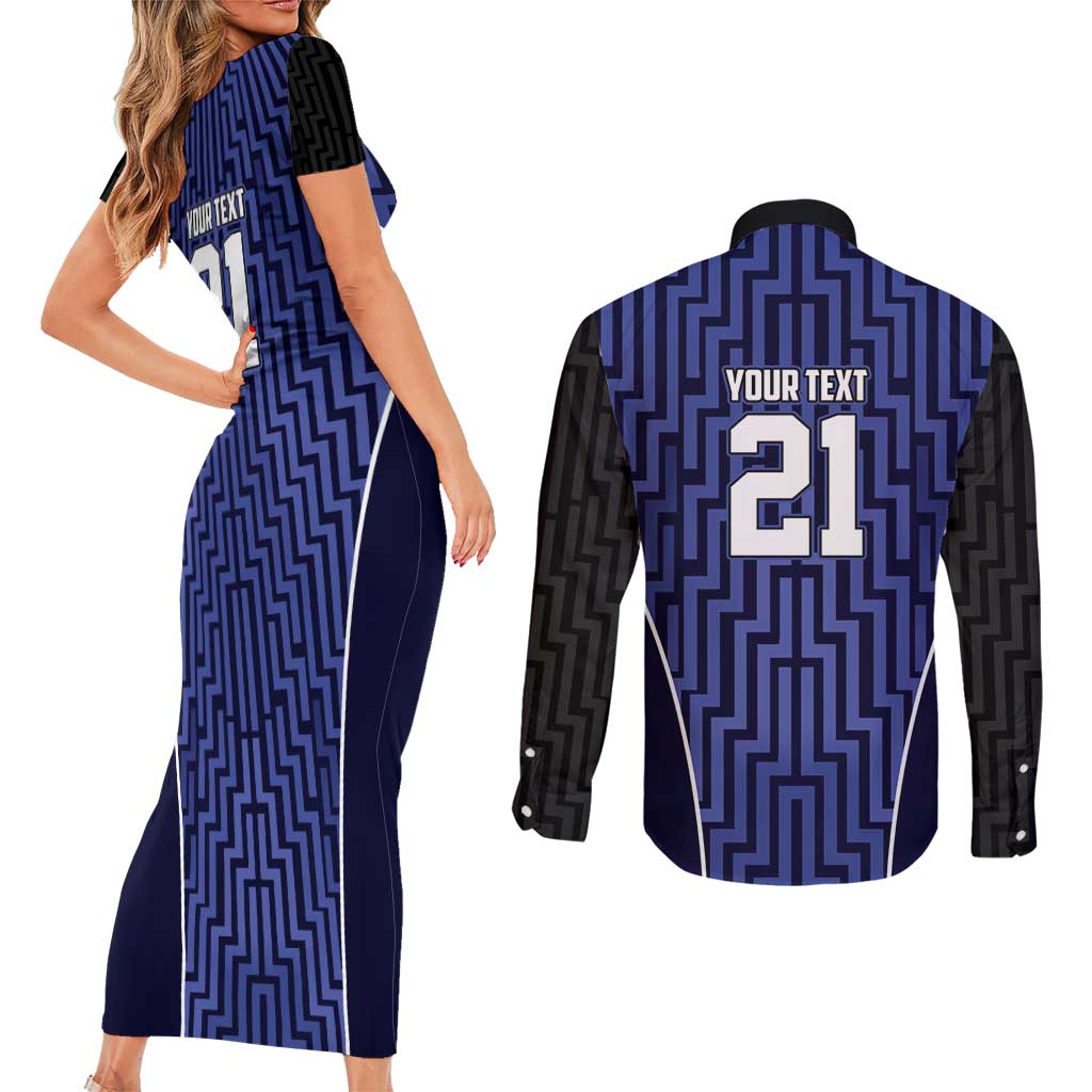 Custom Basketball New Zealand Couples Matching Short Sleeve Bodycon Dress and Long Sleeve Button Shirt Blue Maori Ta Moko Indigenous - Polynesian Pride