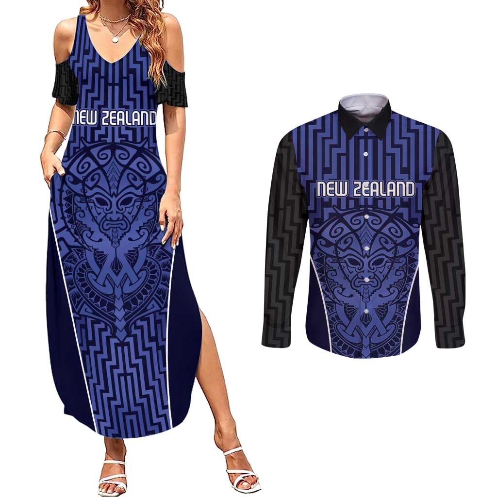 Custom Basketball New Zealand Couples Matching Summer Maxi Dress and Long Sleeve Button Shirt Blue Maori Ta Moko Indigenous - Polynesian Pride