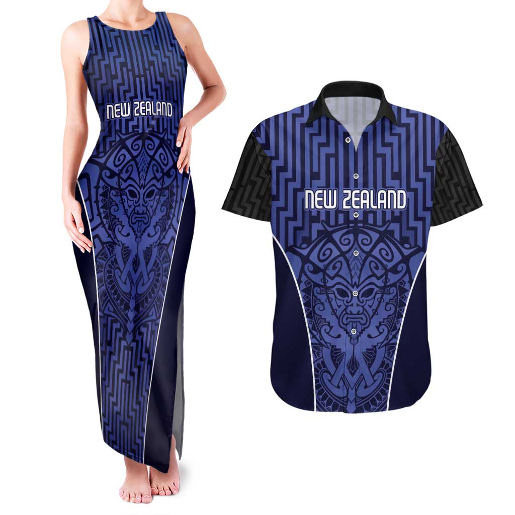 Custom Basketball New Zealand Couples Matching Tank Maxi Dress and Hawaiian Shirt Blue Maori Ta Moko Indigenous - Polynesian Pride