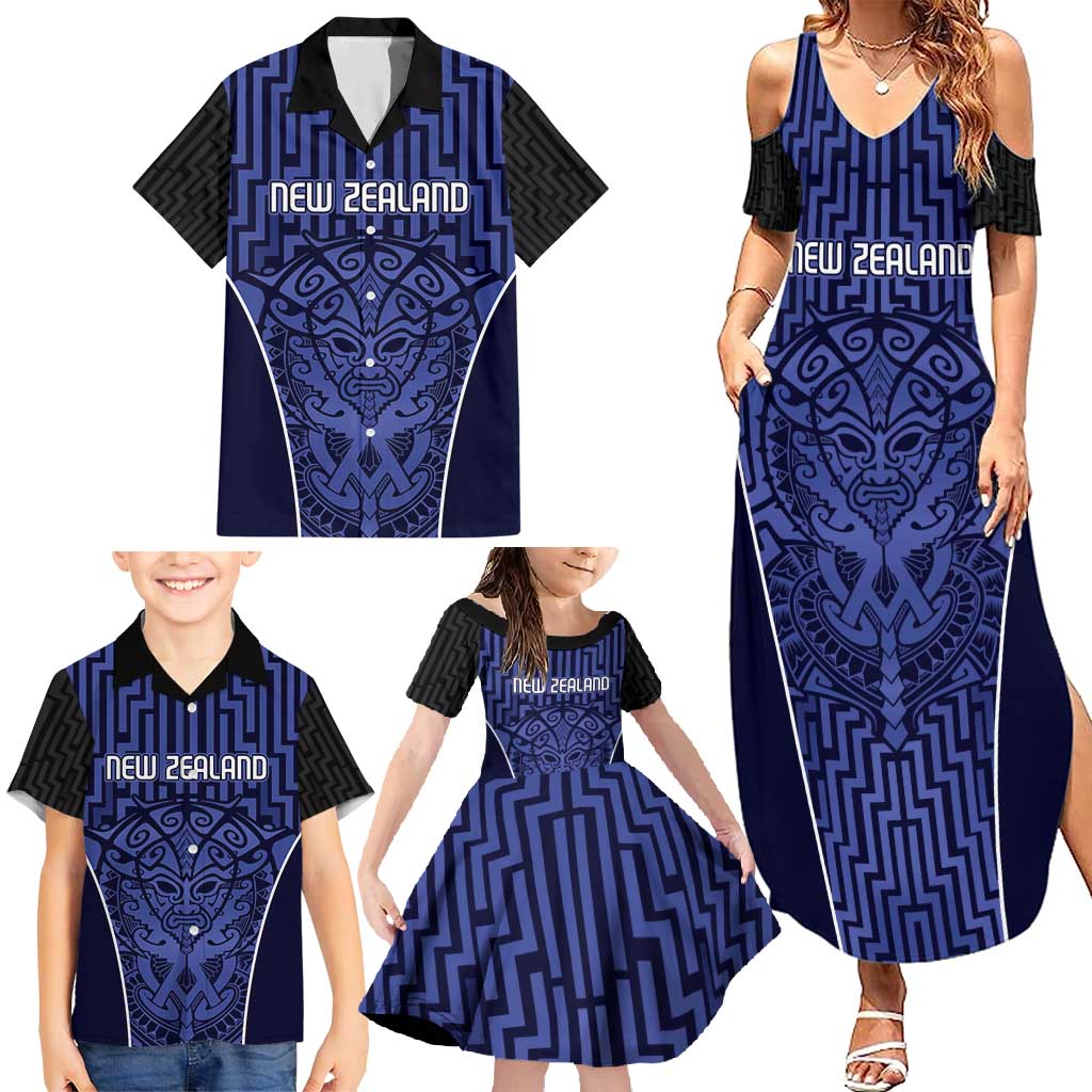 Custom Basketball New Zealand Family Matching Summer Maxi Dress and Hawaiian Shirt Blue Maori Ta Moko Indigenous - Polynesian Pride