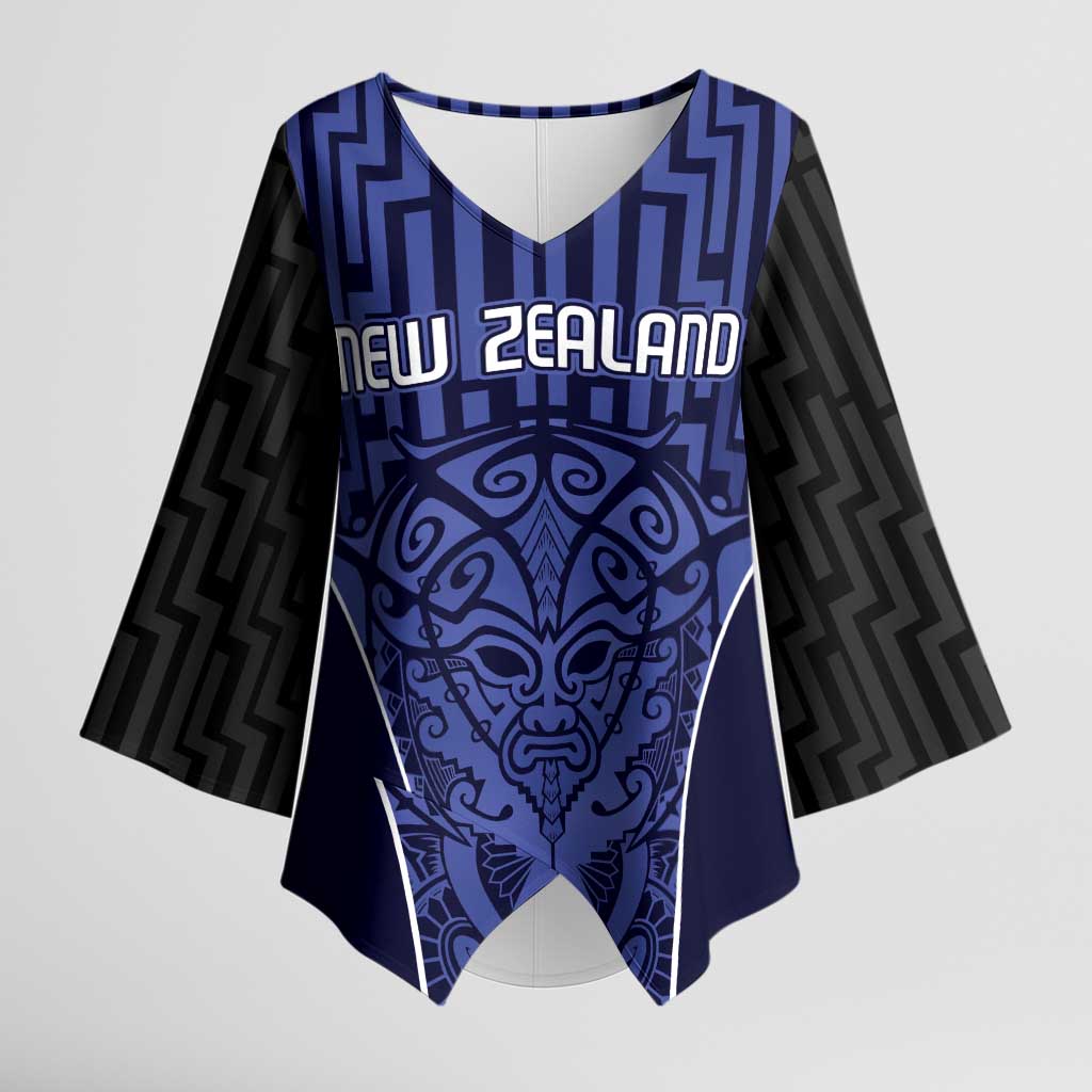 Custom Basketball New Zealand Kimono Sleeve Blouse Blue Maori Ta Moko Indigenous - Polynesian Pride