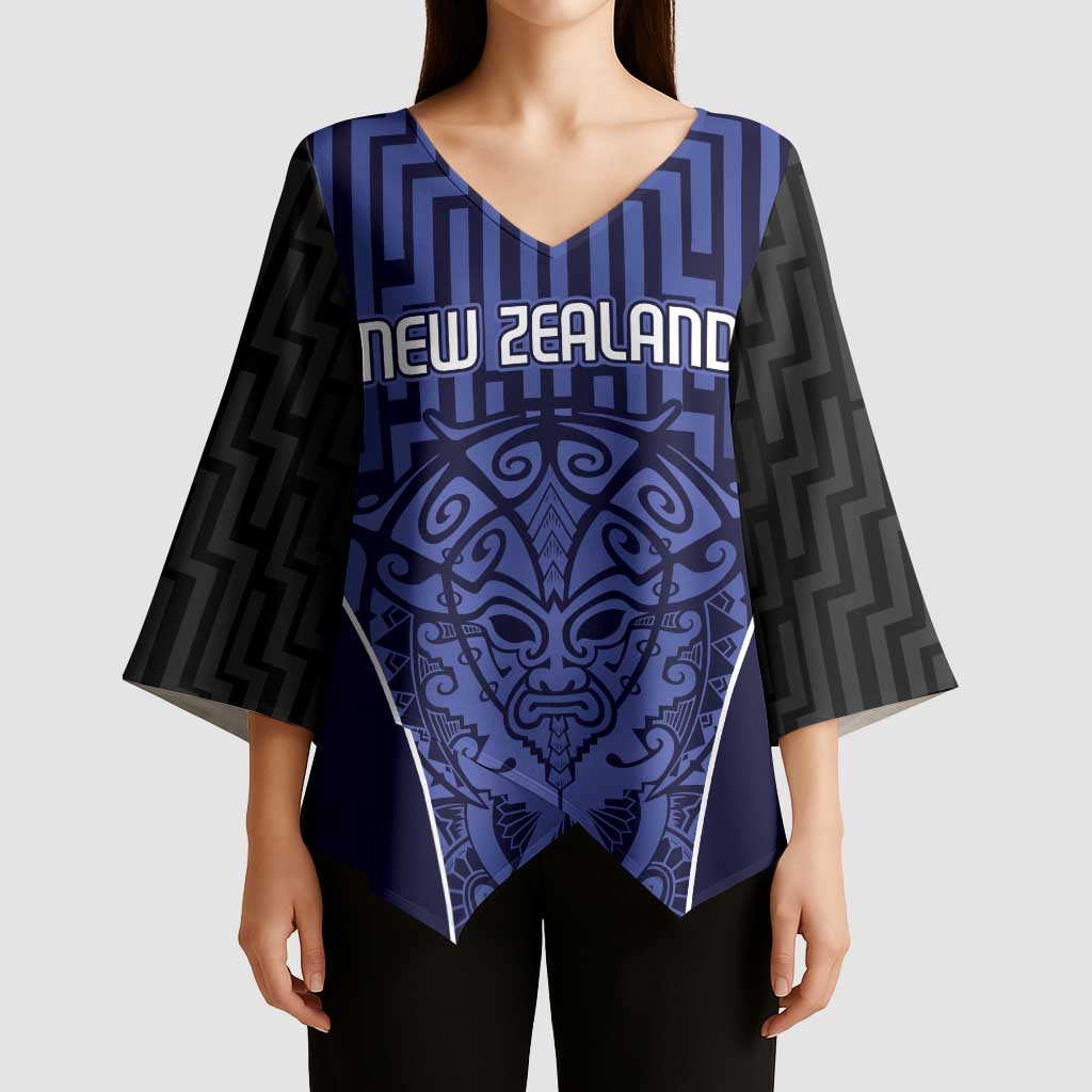 Custom Basketball New Zealand Kimono Sleeve Blouse Blue Maori Ta Moko Indigenous - Polynesian Pride