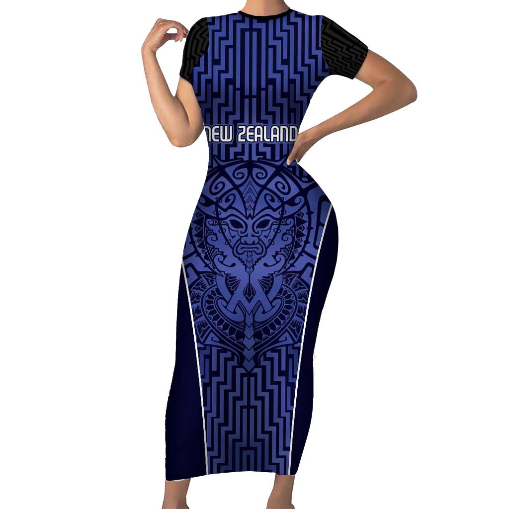 Custom Basketball New Zealand Short Sleeve Bodycon Dress Blue Maori Ta Moko Indigenous - Polynesian Pride