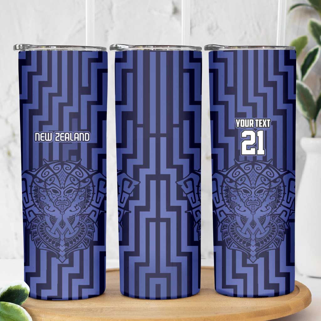 Custom Basketball New Zealand Skinny Tumbler Blue Maori Ta Moko Indigenous - Polynesian Pride
