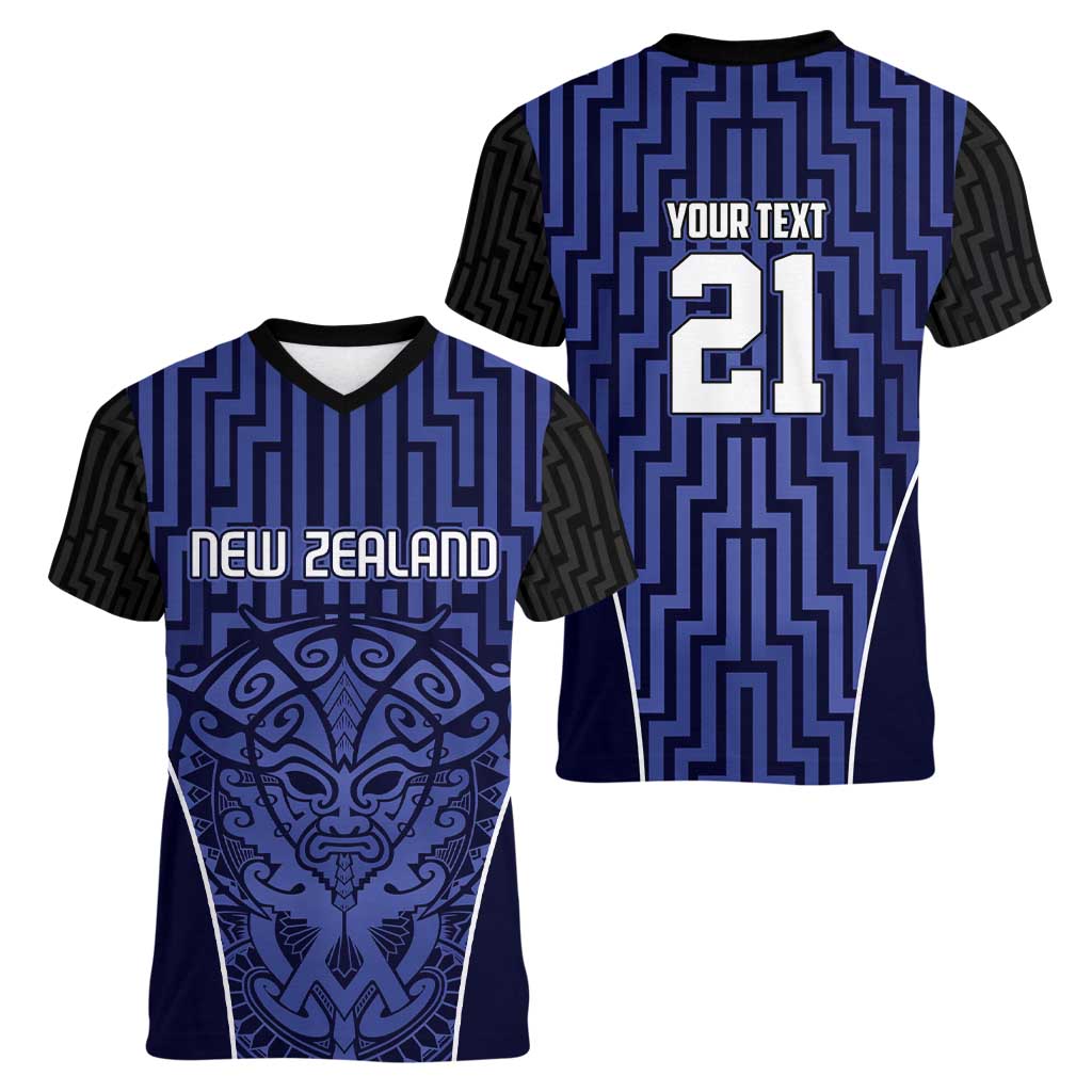 Custom Basketball New Zealand Women V-Neck T-Shirt Blue Maori Ta Moko Indigenous - Polynesian Pride