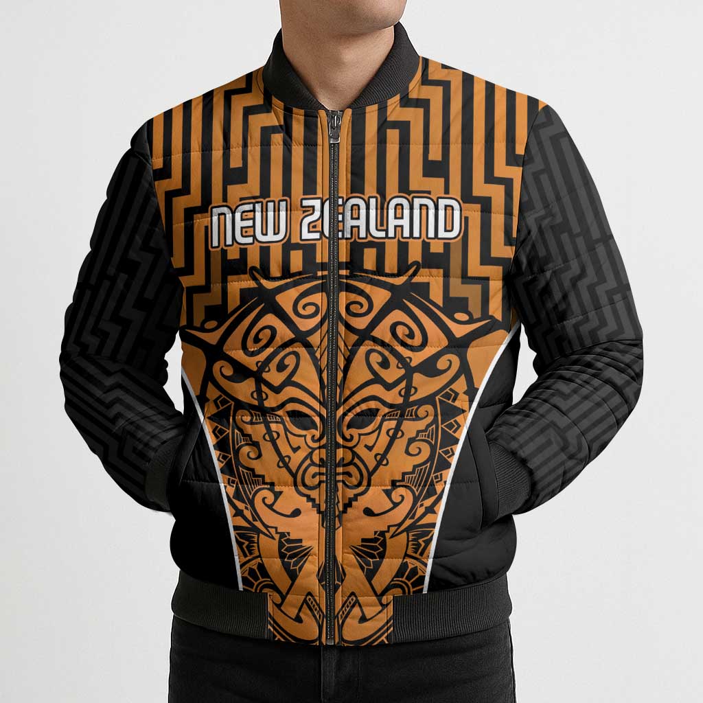 Custom Basketball New Zealand Bomber Puffer Jacket Gold Maori Ta Moko Indigenous - Polynesian Pride