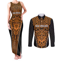 Custom Basketball New Zealand Couples Matching Tank Maxi Dress and Long Sleeve Button Shirt Gold Maori Ta Moko Indigenous - Polynesian Pride