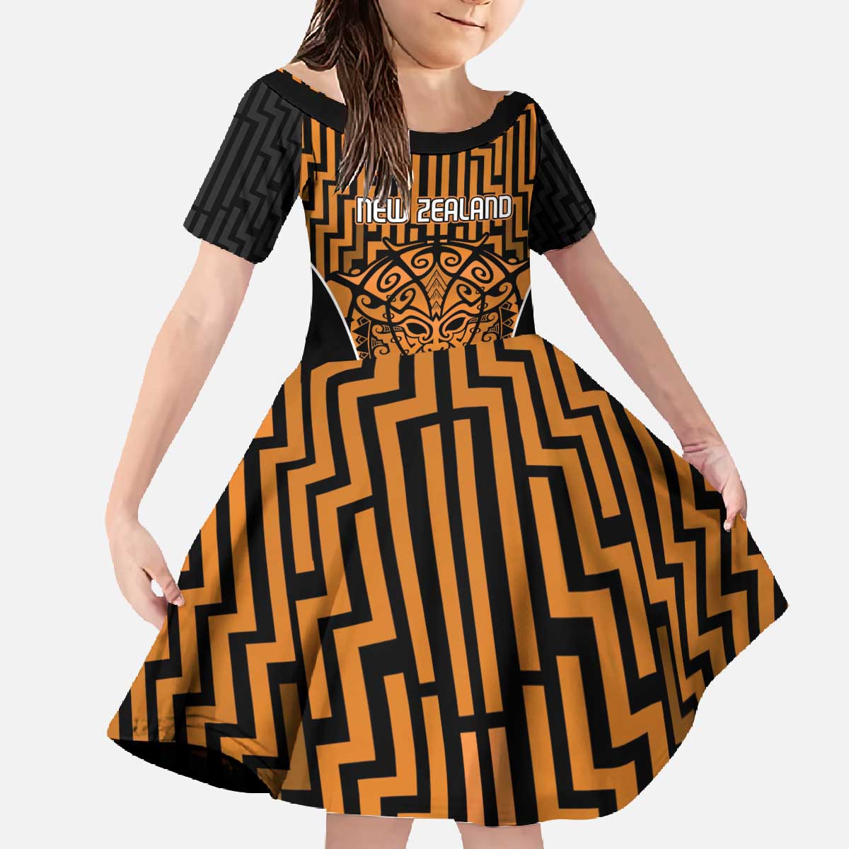 Custom Basketball New Zealand Family Matching Off The Shoulder Long Sleeve Dress and Hawaiian Shirt Gold Maori Ta Moko Indigenous - Polynesian Pride