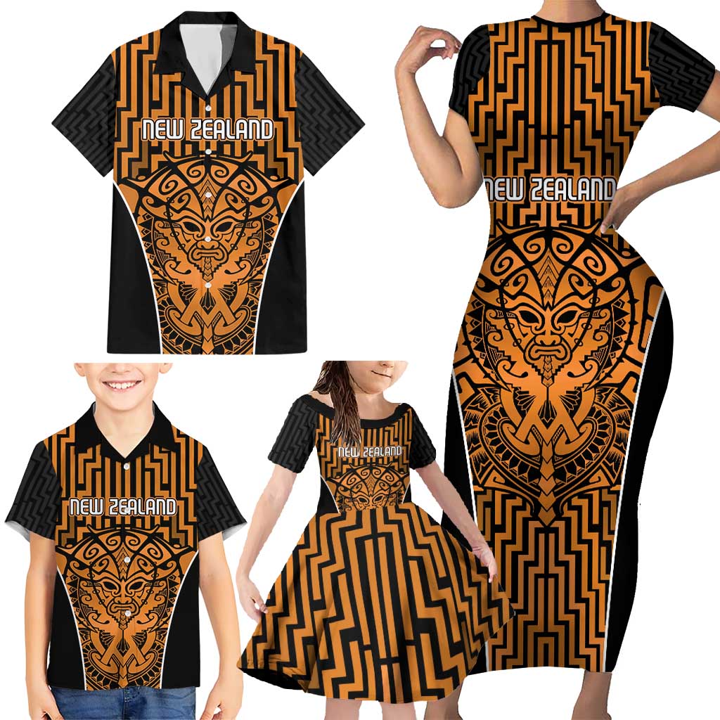 Custom Basketball New Zealand Family Matching Short Sleeve Bodycon Dress and Hawaiian Shirt Gold Maori Ta Moko Indigenous - Polynesian Pride