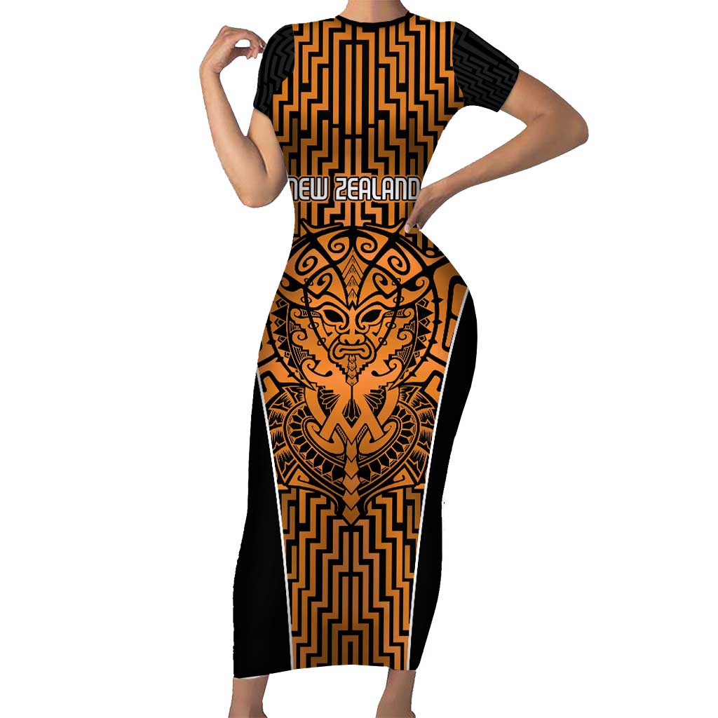 Custom Basketball New Zealand Family Matching Short Sleeve Bodycon Dress and Hawaiian Shirt Gold Maori Ta Moko Indigenous - Polynesian Pride