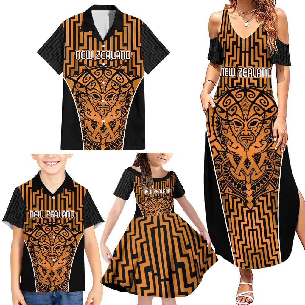 Custom Basketball New Zealand Family Matching Summer Maxi Dress and Hawaiian Shirt Gold Maori Ta Moko Indigenous - Polynesian Pride