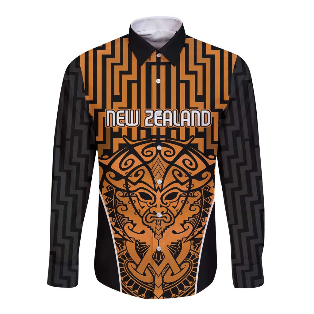 Custom Basketball New Zealand Long Sleeve Button Shirt Gold Maori Ta Moko Indigenous - Polynesian Pride