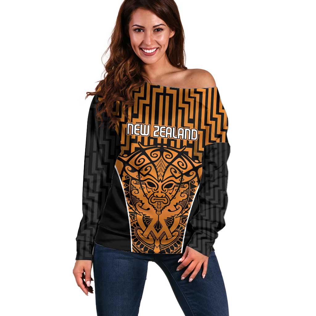 Custom Basketball New Zealand Off Shoulder Sweater Gold Maori Ta Moko Indigenous - Polynesian Pride