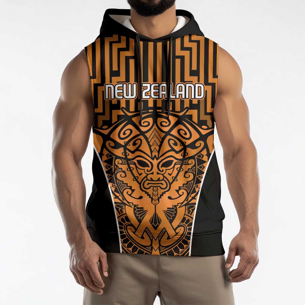 Custom Basketball New Zealand Sleeveless Hoodie Gold Maori Ta Moko Indigenous - Polynesian Pride