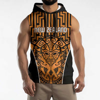Custom Basketball New Zealand Sleeveless Hoodie Gold Maori Ta Moko Indigenous - Polynesian Pride